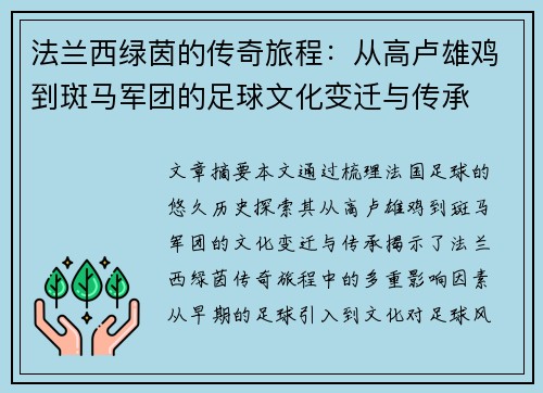 法兰西绿茵的传奇旅程：从高卢雄鸡到斑马军团的足球文化变迁与传承