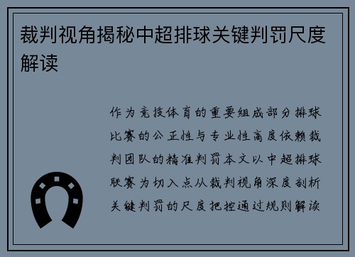 裁判视角揭秘中超排球关键判罚尺度解读