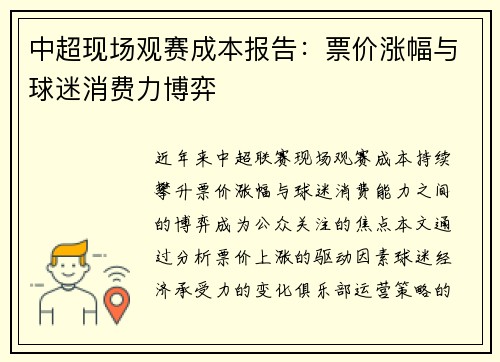 中超现场观赛成本报告：票价涨幅与球迷消费力博弈