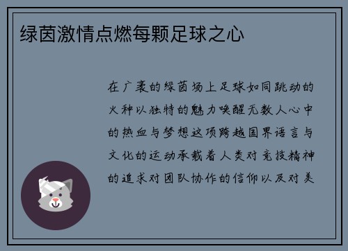 绿茵激情点燃每颗足球之心
