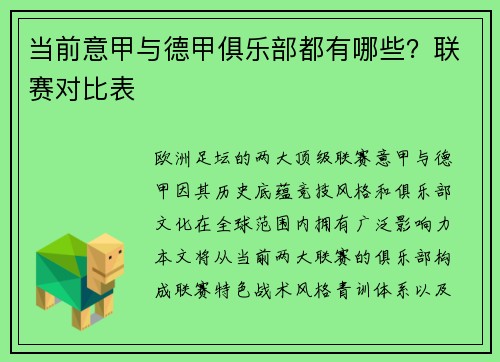 当前意甲与德甲俱乐部都有哪些？联赛对比表